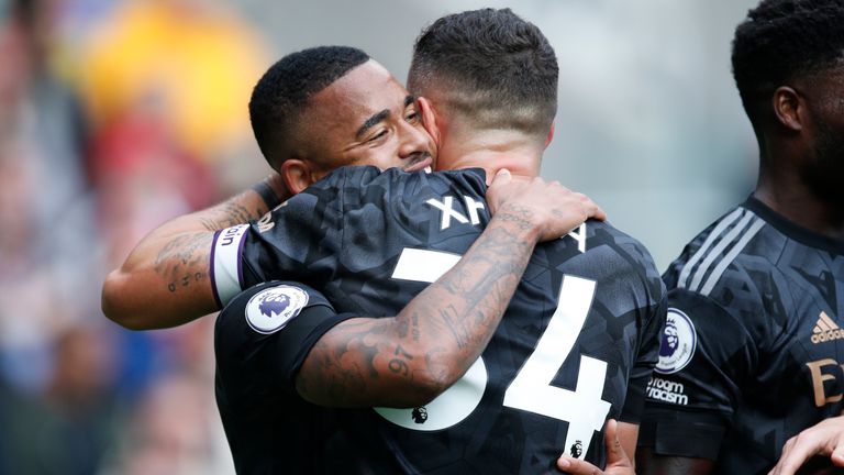 Arsenal&#39;s Gabriel Jesus celebrates with his team-mate Granit Xhaka after scoring his side&#39;s second goal (AP)