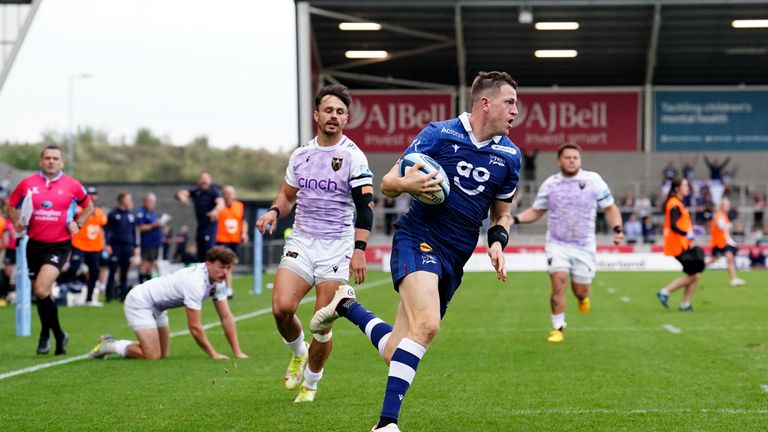 Sale Sharks' Sam James scores a try during the Gallagher Premiership match at the AJ Bell Stadium, Sale. Picture date: Sunday September 11, 2022.

