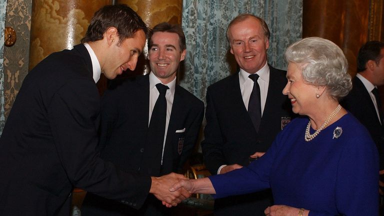 England manager Gareth Southgate meets Queen Elizabeth II in 2002 during his time as a player