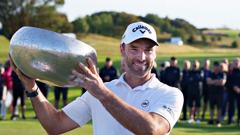 Oliver Wilson from England wins the final round of the golf tournament Made in HimmerLand, in Farsoe, Denmark, Sunday, Sept. 4, 2022. (Henning Bagger/Ritzau Scanpix via AP)