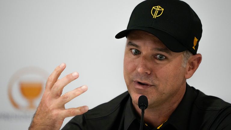 International team captain Trevor Immelman speaks during a news conference after practice for the Presidents Cup golf tournament at the Quail Hollow Club, Tuesday, Sept. 20, 2022, in Charlotte, N.C. (AP Photo/Chris Carlson)