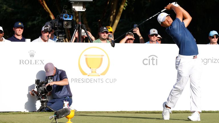 USA Presidents Cup golfer Xander Schauffele hits his tee shot on the 17th hole during the 2022 Presidents Cup four-ball 