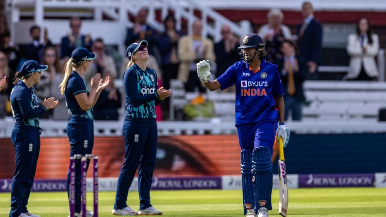 India’s Jhulan Goswami receives a guard of honour during the third women&#39;s one day international match at Lord&#39;s, London. Picture date: Saturday September 24, 2022.

