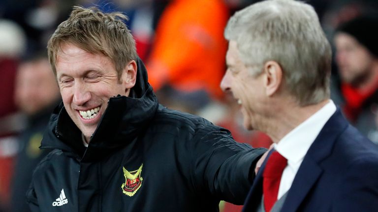 Graham Potter with Arsene Wenger when Ostersund took on Arsenal in the Europa League in 2017/18