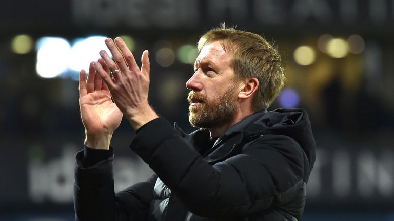 L'entraîneur-chef de Brighton, Graham Potter, lors du match de football du troisième tour de la FA Cup anglaise entre West Bromwich Albion et Brighton & Hove Albion aux Hawthorns, West Bromwich, Angleterre, le samedi 8 janvier 2022. (AP Photo/Rui Vieira )