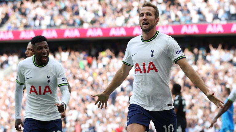 Tottenham's Harry Kane celebrates after scoring his side's second goal