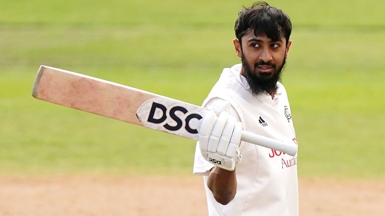 Nottinghamshire&#39;s Haseeb Hameed celebrates after reaching a century against Durham