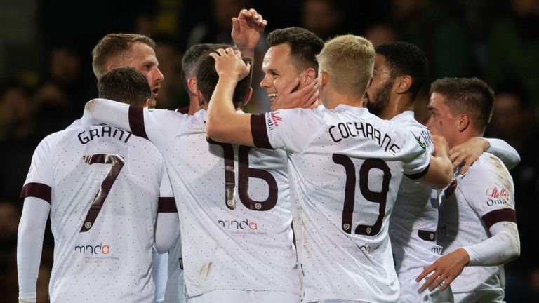 Hearts celebrate after Lawrence Shankland&#39;s opening goal