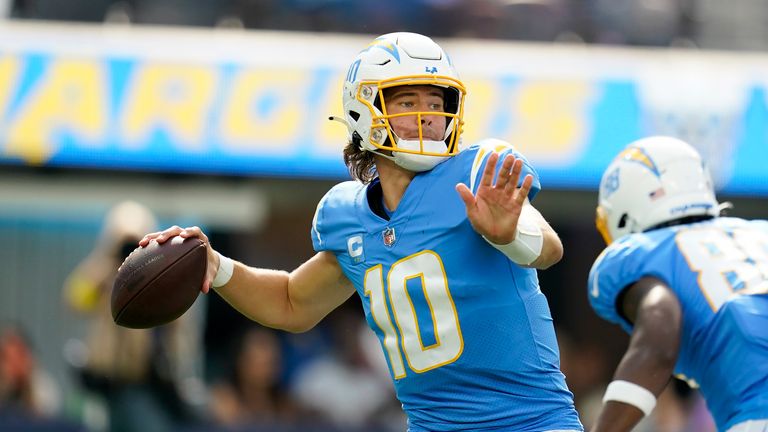 Los Angeles Chargers quarterback Justin Herbert (10) passes against the Jacksonville Jaguars during the second half of an NFL football game in Inglewood, Calif., Sunday, Sept. 25, 2022.