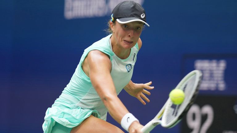 Iga Swiatek during a women&#39;s singles championship match at the 2022 US Open, Saturday, Sep. 10, 2022 in Flushing, NY. (Darren Carroll/USTA via AP)