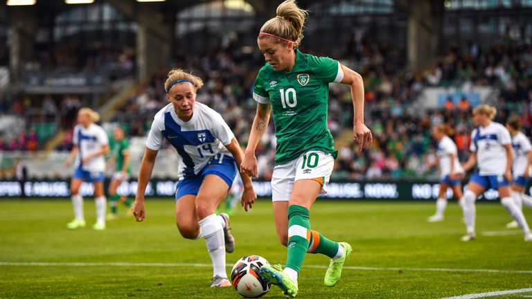 1 September 2022; Denise O'Sullivan of Republic of Ireland in action against Heidi Kollanen of Finland during the FIFA Women's World Cup 2023 qualifier match between Republic of Ireland and Finland at Tallaght Stadium in Dublin. Photo by E..in Noonan/Sportsfile