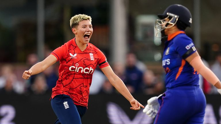 Issy Wong celebrates taking the wicket of India's Shafali Verma during the third T20 International match at the Seat Unique Stadium, Bristol. Picture date: Thursday September 15, 2022.