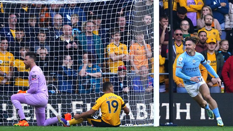 Jack Grealish celebrates his goal against Wolves