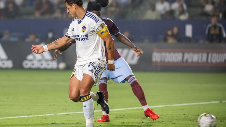 Javier Hernandez #14 of Los Angeles Galaxy scores his first half goal during the match against Colorado Rapids at the Dignity Health Sports Park