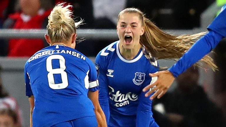 Jess Park celebrates after giving Everton a 2-0 lead over Liverpool