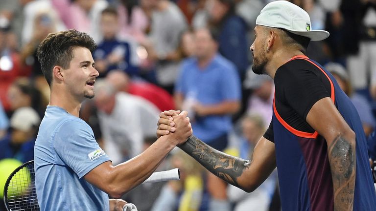 J.J. Wolf shakes hands with Nick Kyrgios after a men&#39;s singles match at the 2022 US Open, Friday, Sep. 2, 2022 in Flushing, NY. (Andrew Ong/USTA via AP)