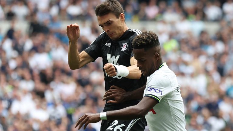 Fulham's Joao Palhinha challenges Tottenham's Ryan Sessegnon