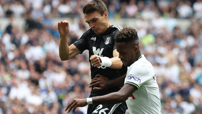 Fulham&#39;s Joao Palhinha challenges Tottenham&#39;s Ryan Sessegnon