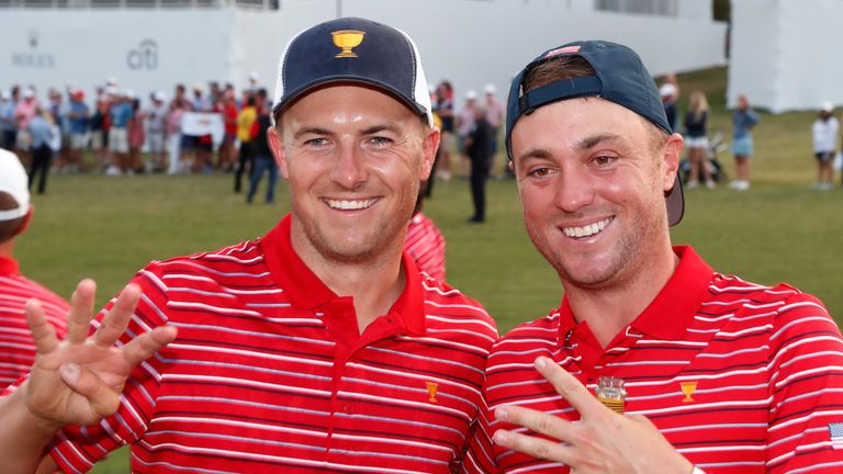 CHARLOTTE, NC - SEPTEMBER 25: From left to right USA Presidents Cup players Jordan Spieth and Justin Thomas celebrate after Team USA won the 2022 Presidents Cup on September 25, 2022 at Quail Hollow Club in Charlotte, North Carolina. (Photo by Brian Spurlock/Icon Sportswire) (Icon Sportswire via AP Images) 