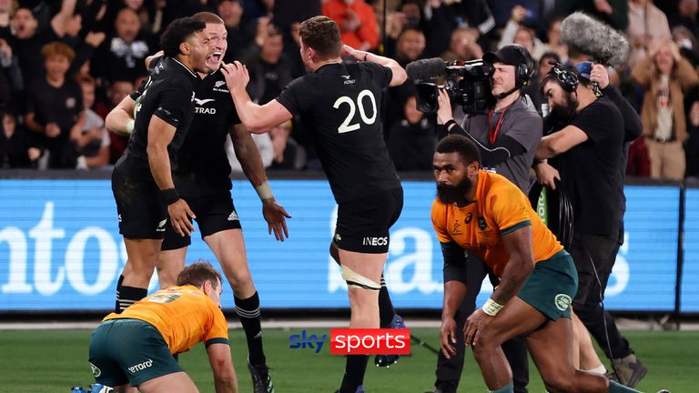 New Zealand&#39;s Jordie Barrett, second left, celebrates with teammates after scoring a try at the end of their Bledisloe Cup rugby test match