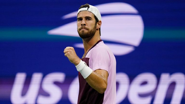 Karen Khachanov, of Russia, reacts after winning a point against Nick Kyrgios, of Australia, during the quarterfinals of the U.S. Open tennis championships, Tuesday, Sept. 6, 2022, in New York. (AP Photo/Charles Krupa)