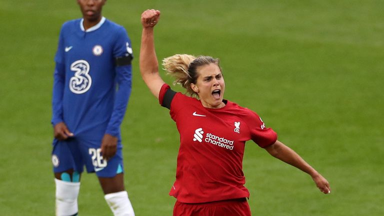 Katie Stengel celebrates after equalising for Liverpool