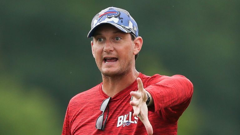 Buffalo Bills offensive coordinator Ken Dorsey speaks to the wide receivers during practice at the NFL football team's training camp in Pittsford, N.Y., Aug. 4, 2022. Dorsey can appreciate a need to rein back his emotions after a video clip showed him in the visitors... coaches booth ripping off his headset and violently bouncing it off the table, before trashing his game notes in the immediate aftermath of a 21-19 loss to the Miami Dolphins on Sunday, Sept. 25, 2022.