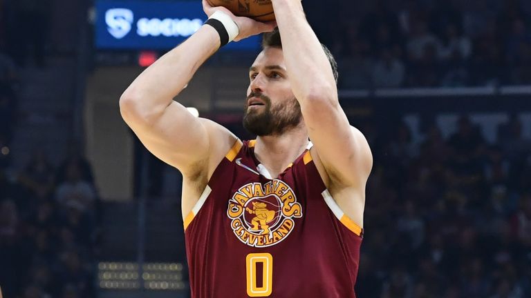 Kevin Love shoots a 3-pointer for the Cleveland Cavaliers
