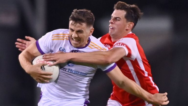 17 September 2022; Shane Walsh of Kilmacud Crokes is tackled by Niall James of Cuala during the Dublin County Senior Club Football Championship Quarter-Final match between Kilmacud Crokes and Cuala at Parnell Park in Dublin. Photo by Ben McShane/Sportsfile