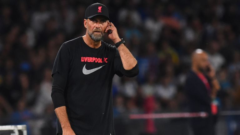 Jurgen Klopp watches on as his Liverpool side are beaten 4-1 at Napoli