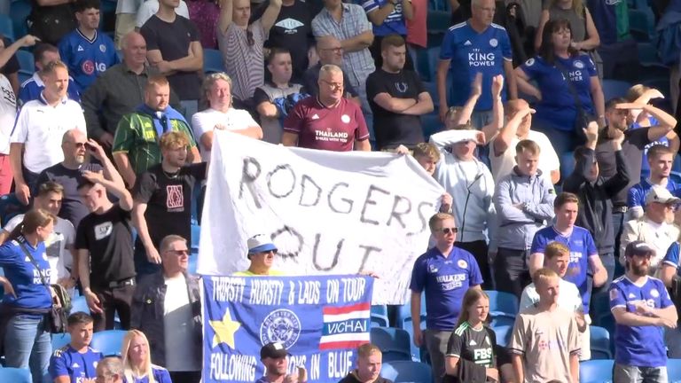 Leicester fans held up a banner reading 'Rodgers out'  at the Amex