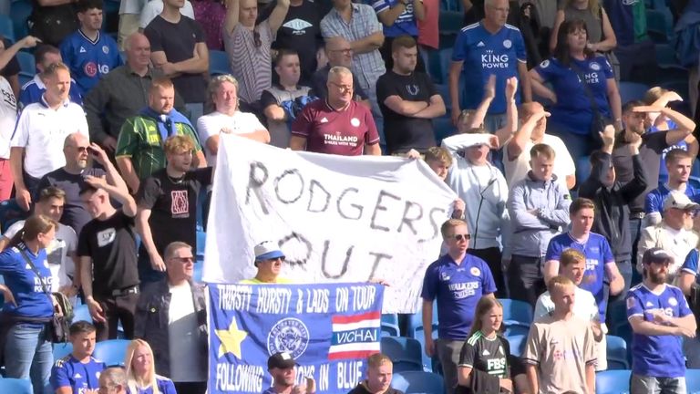 Leicester fans held up a banner reading 'Rodgers out' at the Amex