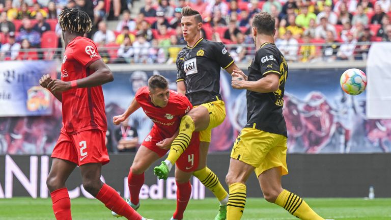 Leipzig's Willi Orban scores against Dortmund