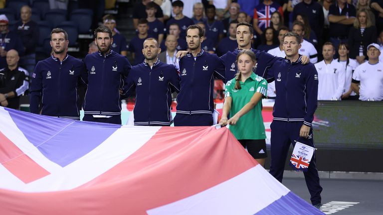 GLASGOW, SCOTLAND - SEPTEMBER 14: (L-R) Team Great Britain Captain Leon Smith, Cameron Norrie, Dan Evens, Andy Murray, Joe Salisbury and Neal Skupski of Team Great Britain stand as they watch the National Anthem during the Davis Cup Group D match between the United States and Great Britain at the Emirates Arena on September 14, 2022 in Glasgow, Scotland.  (Photo by Ian MacNicol/Getty Images for LTA)