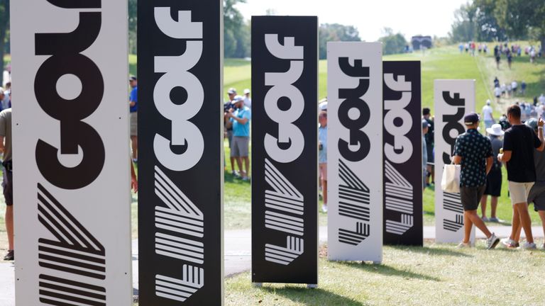 SUGAR GROVE, IL - SEPTEMBER 16: A general view of LIV golf signage as seen during the first round of the LIV Golf Invitational Series Chicago on September 16, 2022 at Rich Harvest Farms in Sugar Grove, Illinois. (Photo by Brian Spurlock/Icon Sportswire) (Icon Sportswire via AP Images)