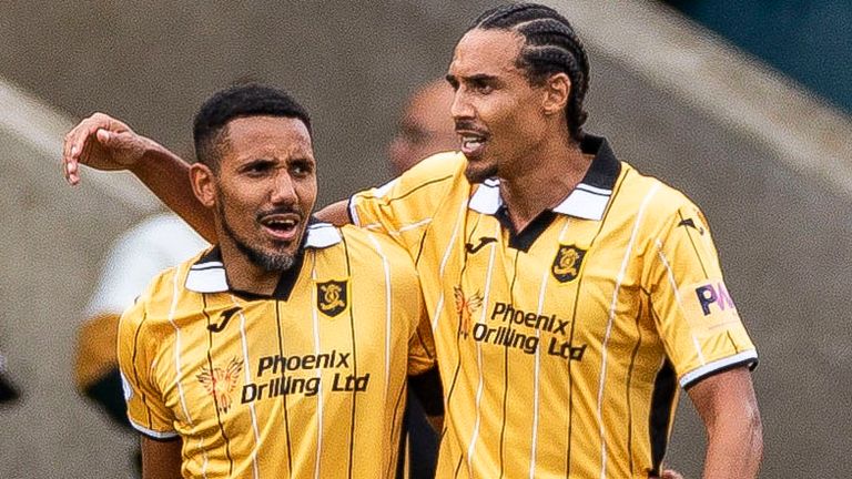 LIVINGSTON, SCOTLAND - SEPTEMBER 17: Livingston&#39;s Cristian Montano celebrates with Kurtis Guthrie after making it 1-0 during a cinch Premiership match between Livingston and Kilmarnock at the Tony Macaroni Arena, on September 17, 2022, in Livingston, Scotland.  (Photo by Roddy Scott / SNS Group)