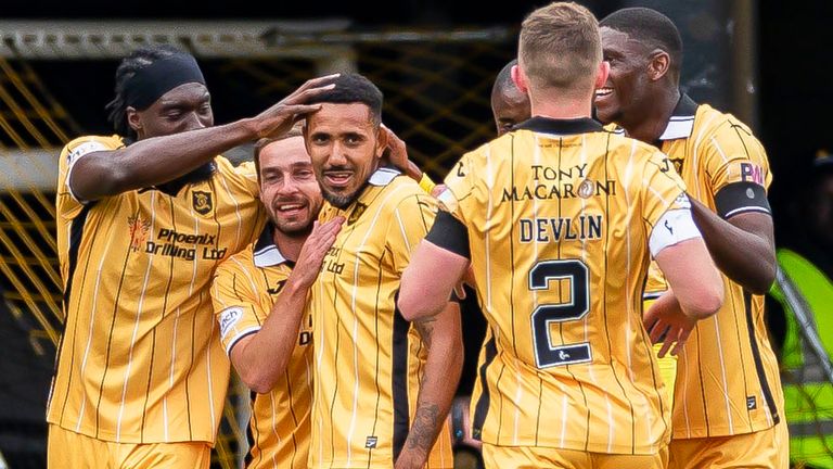 LIVINGSTON, SCOTLAND - SEPTEMBER 17: Livingston's Cristian Montano celebrates with teammates after making it 1-0 during a cinch Premiership match between Livingston and Kilmarnock at the Tony Macaroni Arena, on September 17, 2022, in Livingston, Scotland.  (Photo by Roddy Scott / SNS Group)