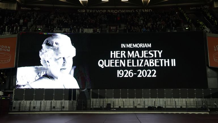 A tribute to Queen Elizabeth II is displayed at West Ham's London Stadium on Thursday evening