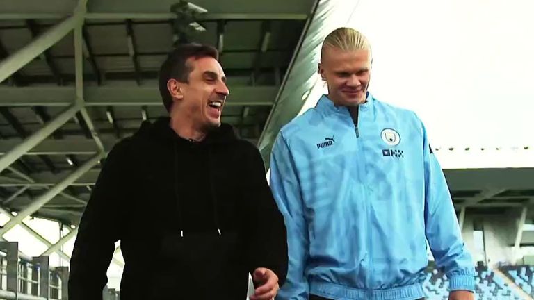 Gary Neville meets Erling Haaland ahead of the Manchester derby