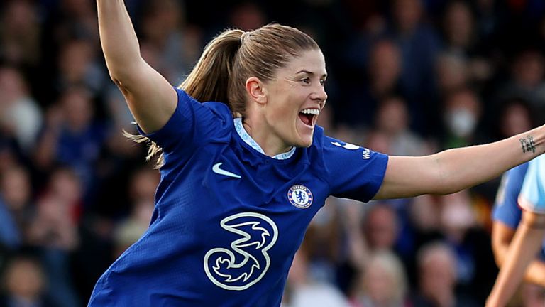 Maren Mjelde celebrates after her penalty gives Chelsea a 2-0 lead over Manchester City