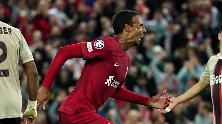 Liverpool's Joel Matip celebrates scoring their side's second goal of the game during the UEFA Champions League match at Anfield, Liverpool. Picture date: Tuesday September 13, 2022.