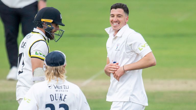 Picture by Allan McKenzie/SWpix.com - 26/09/2022 - Cricket - LV=Insurance County Championship - Yorkshire County Cricket Club v Gloucestershire County Cricket Club - Clean Slate Headingley Stadium, Leeds, England - Yorkshire's Matthew Fisher (c) celebrates after dismissing Gloucestershire's Chris Dent.