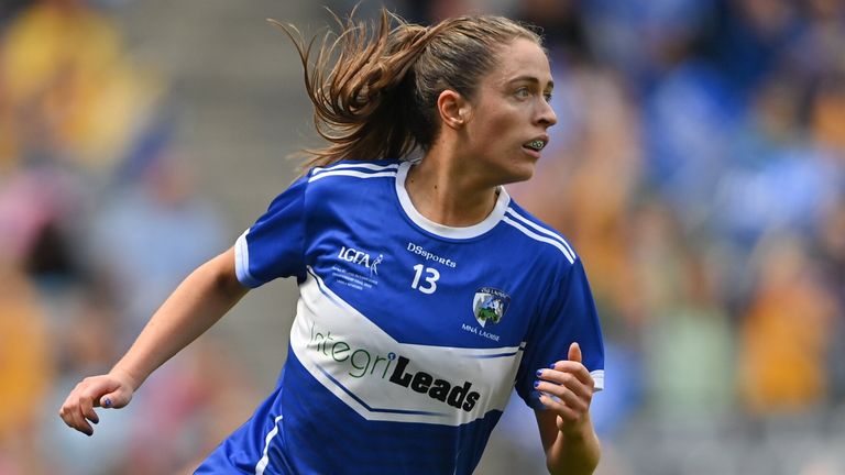31 July 2022; Mo Nerney of Laois after scoring her side's first goal during the TG4 All-Ireland Ladies Football Intermediate Championship Final match between Laois and Wexford at Croke Park in Dublin. Photo by Ramsey Cardy/Sportsfile 