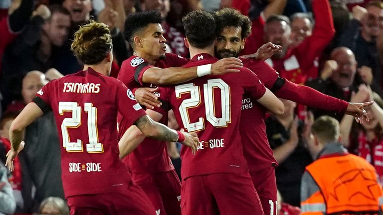 Mohamed Salah celebrates with his team-mates after putting Liverpool 1-0 up against Ajax