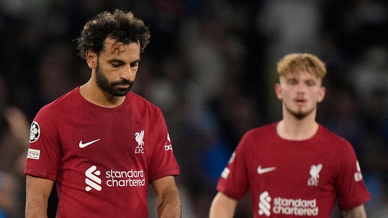 Mohamed Salah, left and Harvey Elliott react during Liverpool's loss at Napoli
