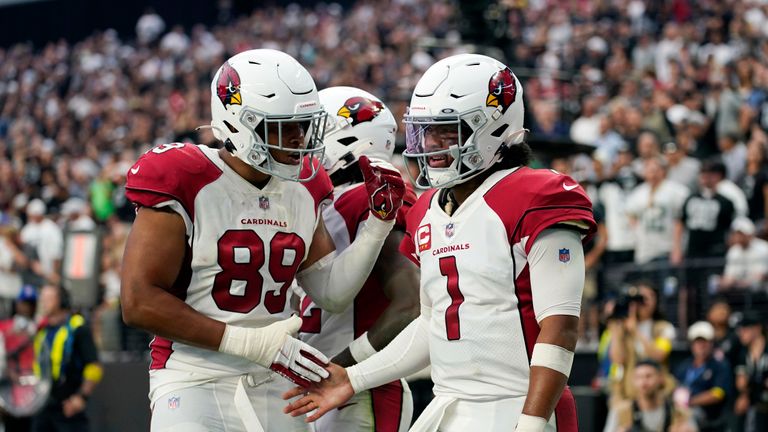 Arizona Cardinals quarterback Kyler Murray (1) celebrates his two-point conversion with tight end Stephen Anderson (89) during the second half of an NFL football game against the Las Vegas Raiders Sunday, Sept. 18, 2022, in Las Vegas