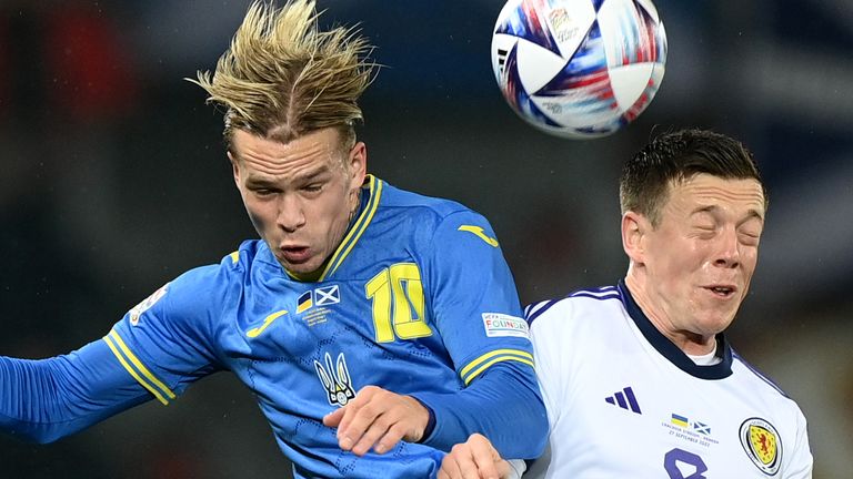Ukraine's Mykhailo Mudrak (left) and Scotland's Callum McGregor fight for the ball during their Nations League match.