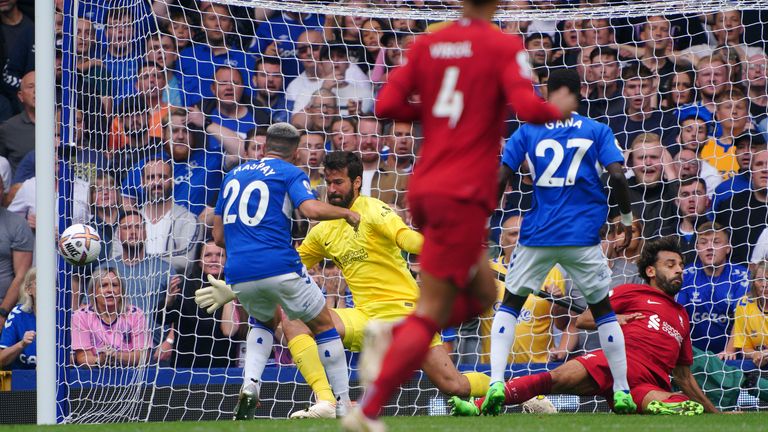 Neal Maupay sees his shot saved by Alisson