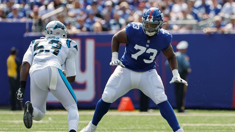 New York Giants offensive tackle Evan Neal against the Carolina Panthers 