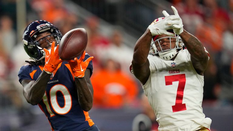 Denver Broncos wide receiver Jerry Jeudy (10) cannot catch a pass while defended by San Francisco 49ers cornerback Charvarius Ward (7) during the second half of an NFL football game in Denver, Sunday, Sept. 25, 2022.